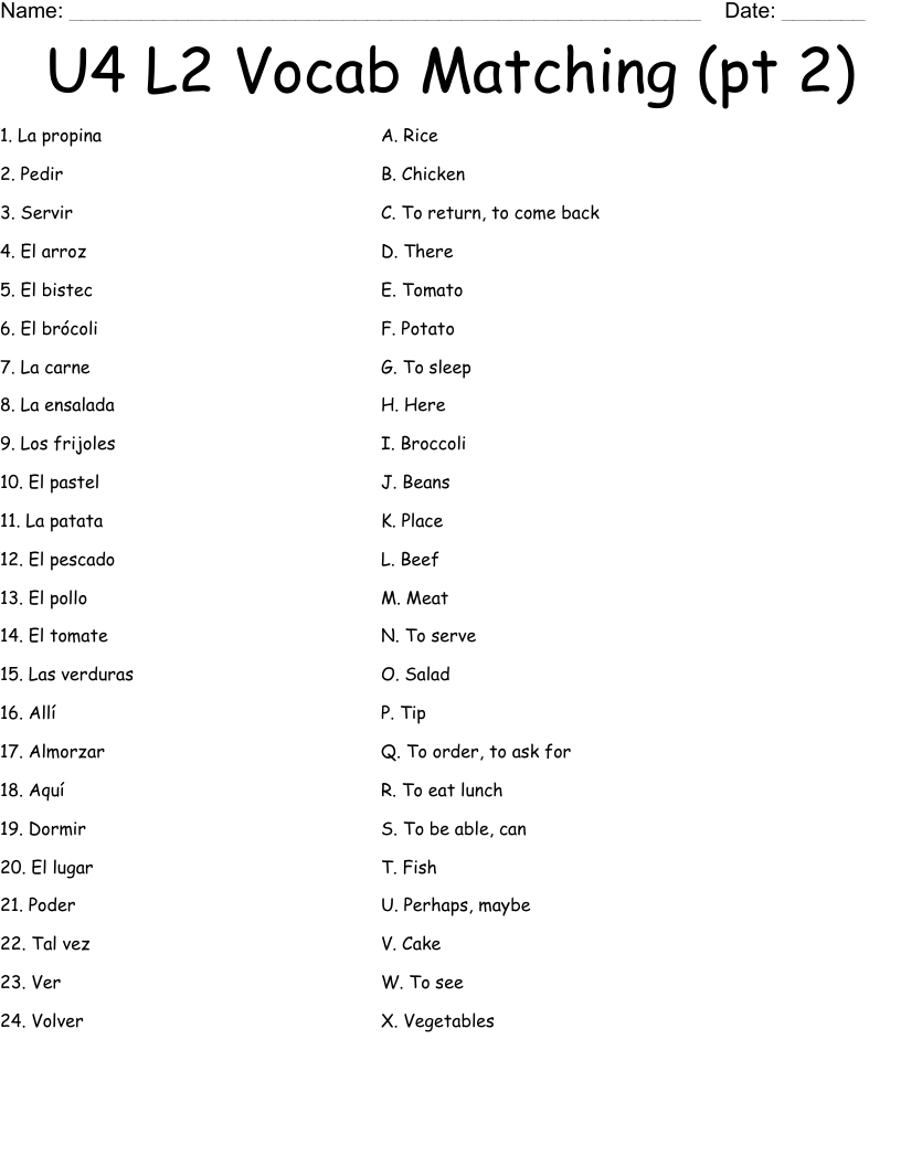 U4 L2 Vocab Matching pt 2 Worksheet WordMint