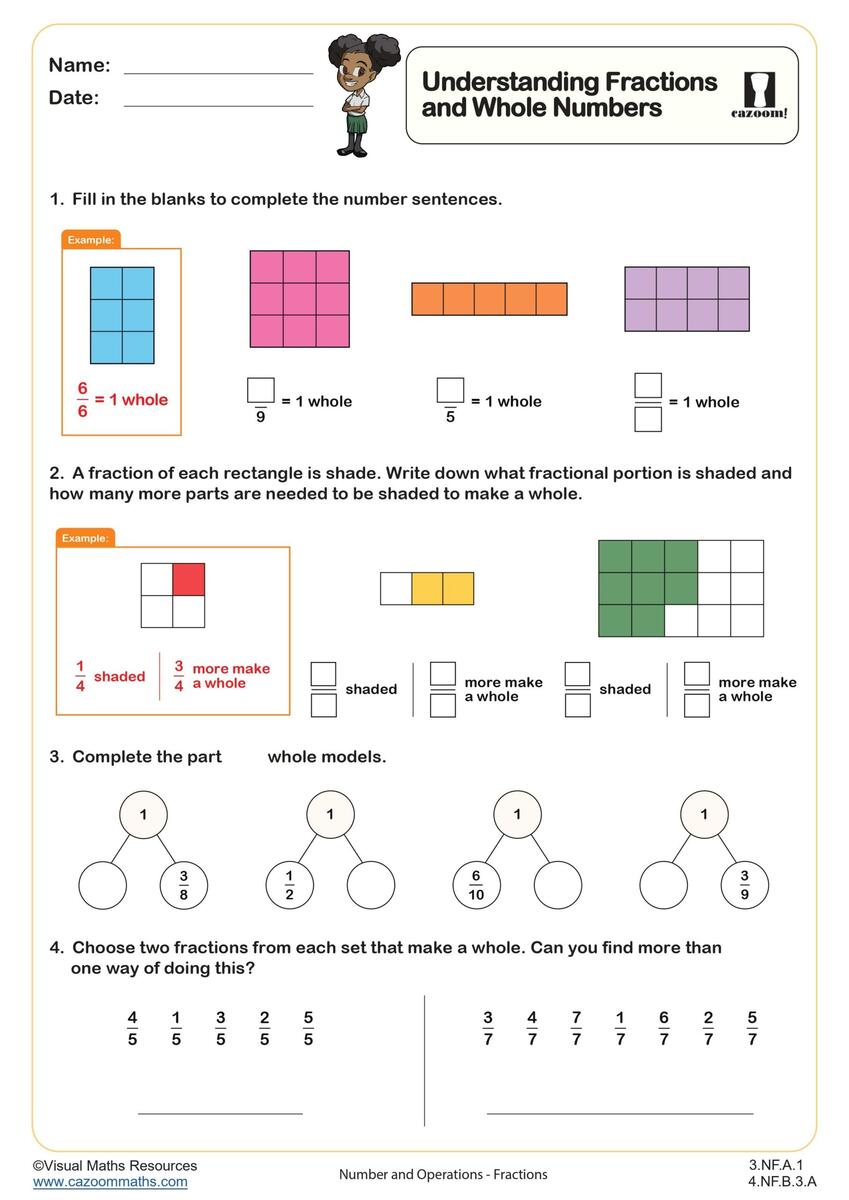 Understanding Fractions And Whole Numbers Worksheet Fun And Engaging 3rd And 4th Grade Number And Operations Worksheet Cazoom Math