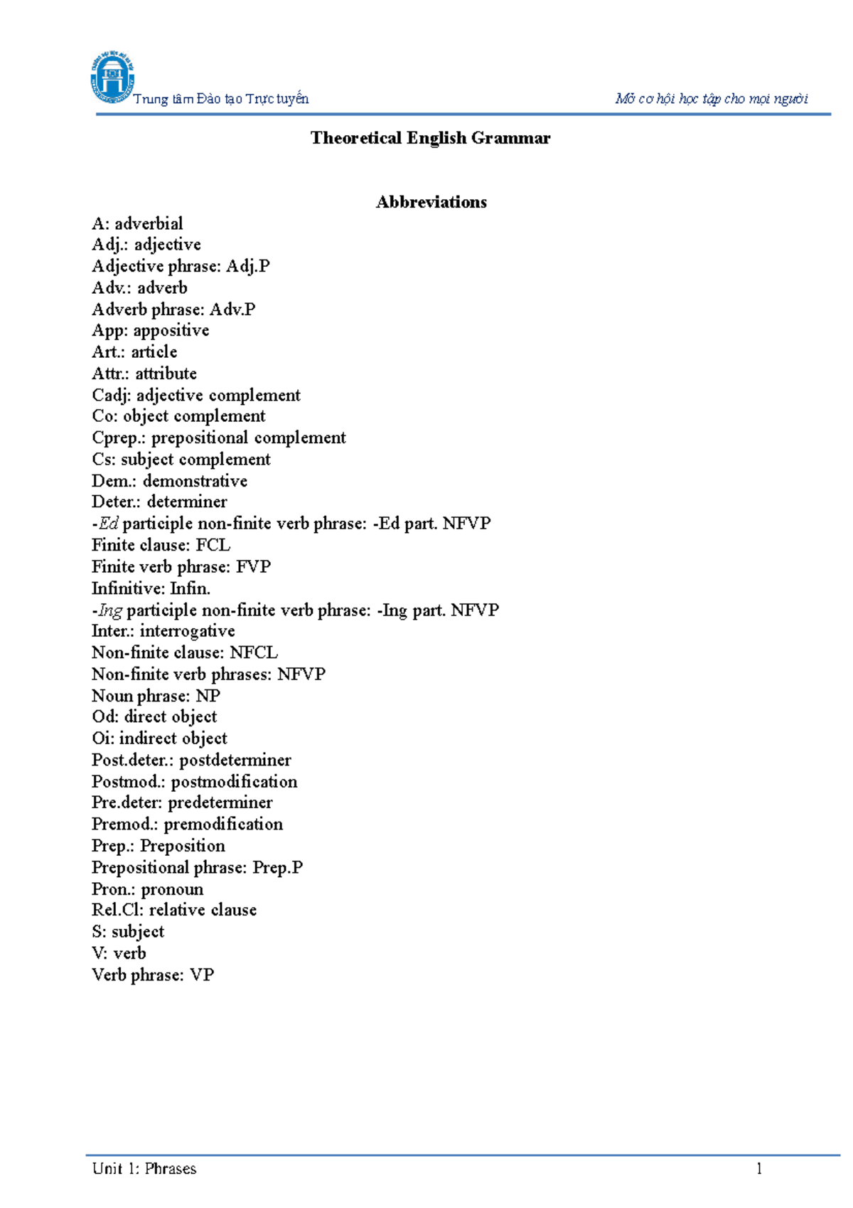 Unit 1 Phrases Theoretical Grammar Overview And Key Concepts Studocu