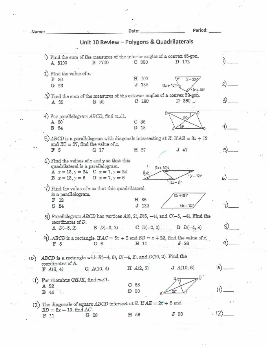 Unit 10 Review Polygons Quadrilaterals Exam Prep Studocu