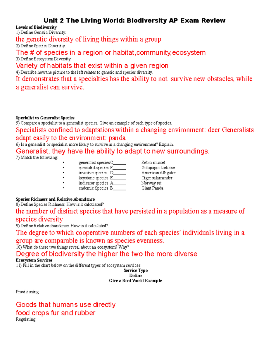 Unit 2 AP Exam Review Biodiversity In The Living World Studocu KEY AP Environmental Science Unit 2 Biodiversity Ecosystems And Changes Studocu