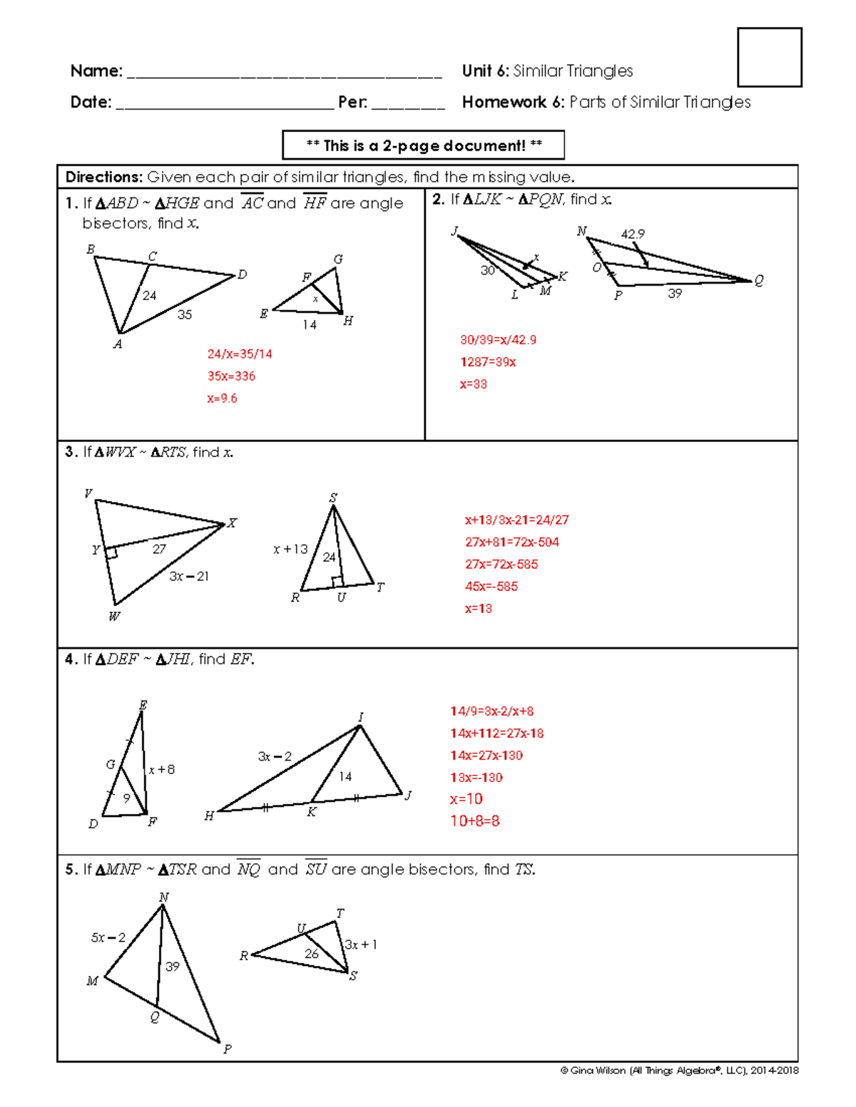Unit 6 Parts Of Similar Triangles CW Problem Set By Simeon Dugas Studocu