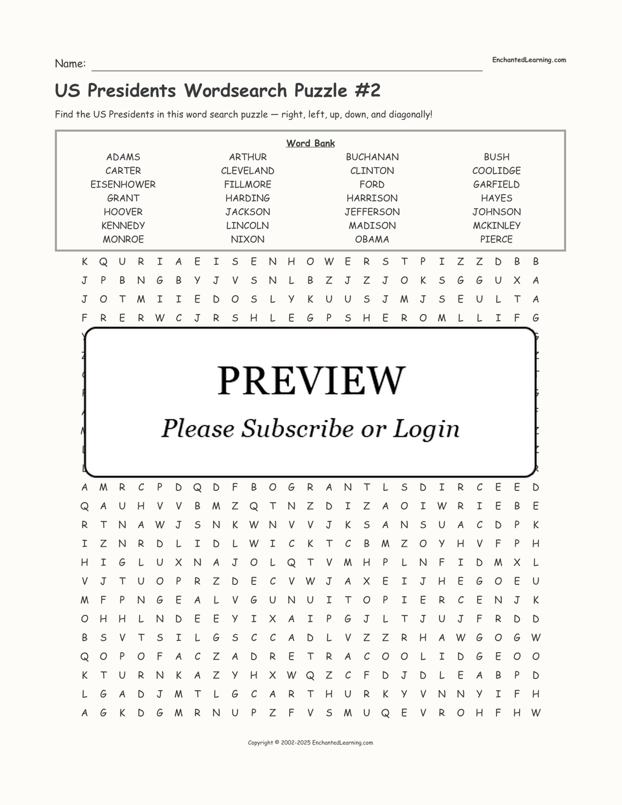 US Presidents Wordsearch Puzzle 2 Enchanted Learning