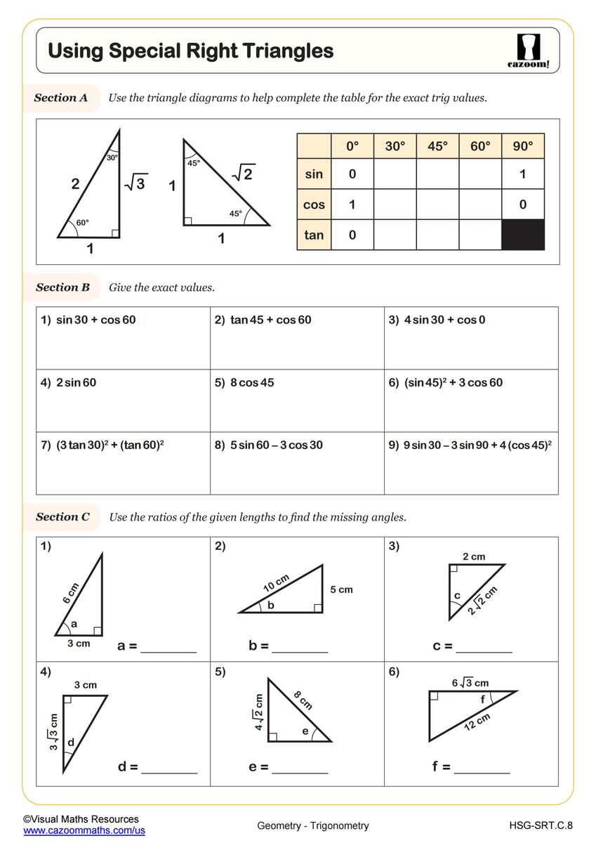 Using Special Right Triangles Worksheet PDF Printable Geometry Worksheets Library