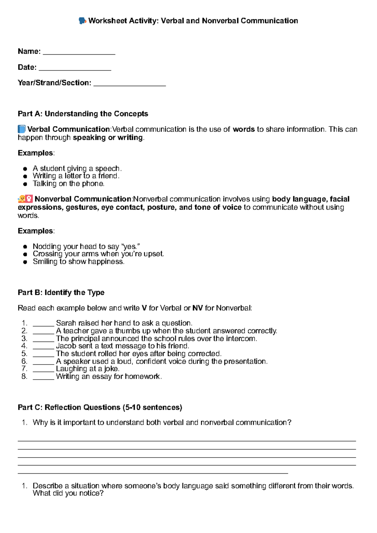 Verbal And Nonverbal Communication Worksheet 361968037 Studocu