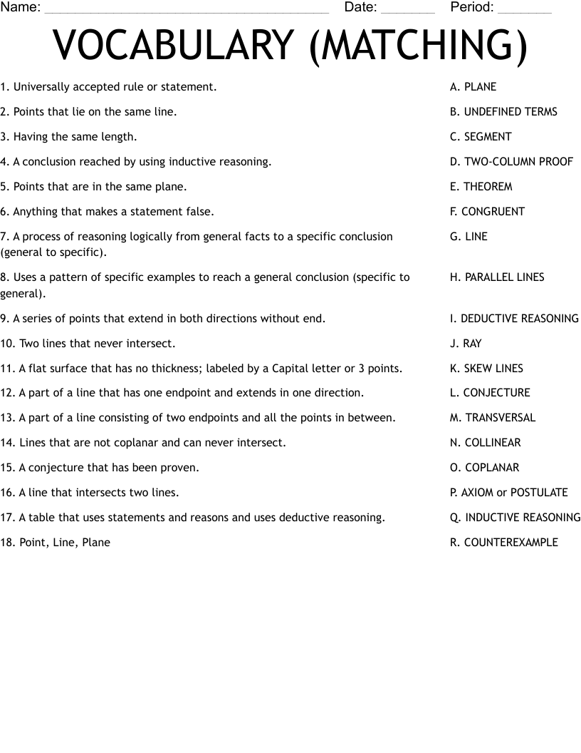 VOCABULARY MATCHING Worksheet WordMint