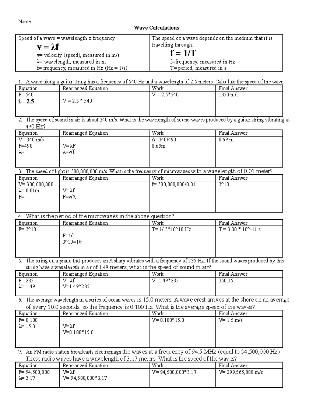 Wave Calculations Worksheet 12 13 Speed Frequency Wavelength Studocu