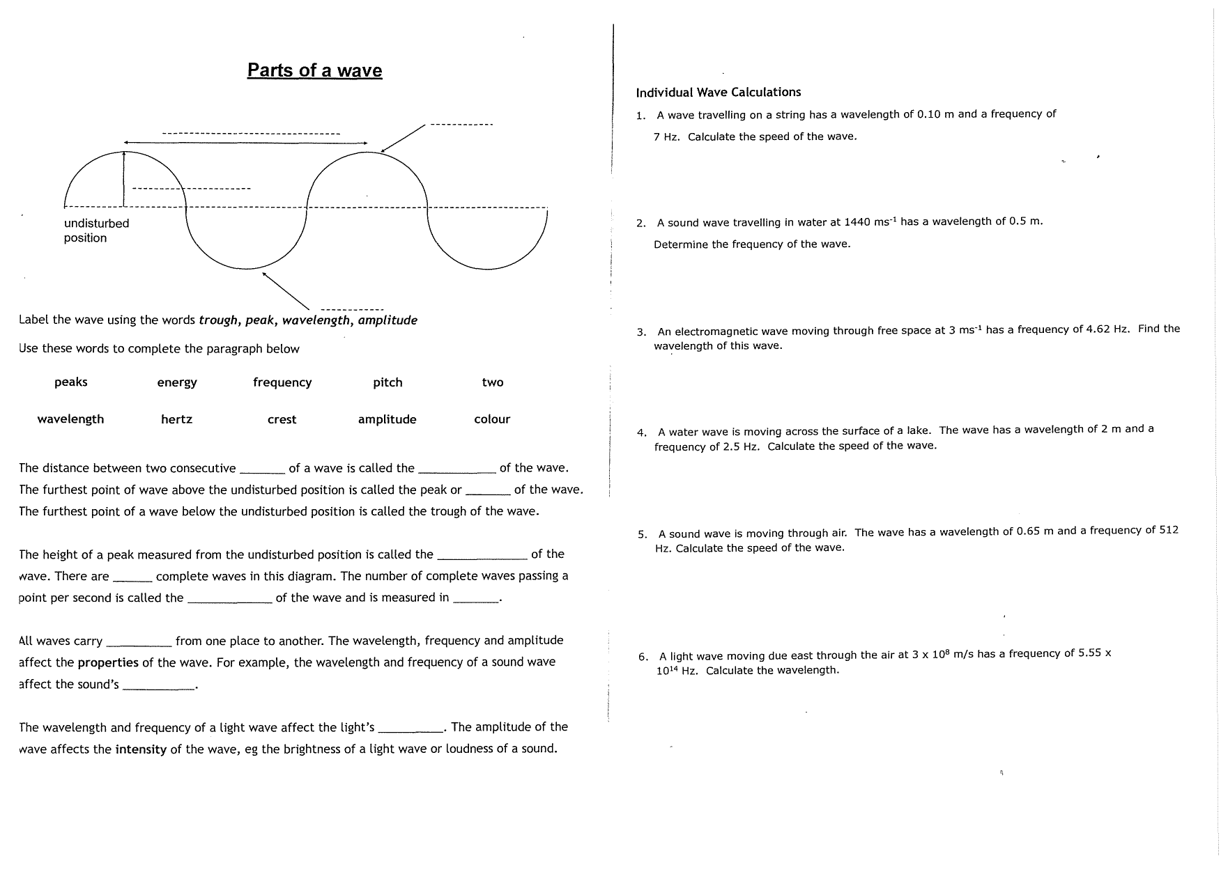 Wave Properties Calculations Worksheet Parts Of A Wave Labeling Worksheet Science Editable DIGITAL DOWNLOAD Etsy