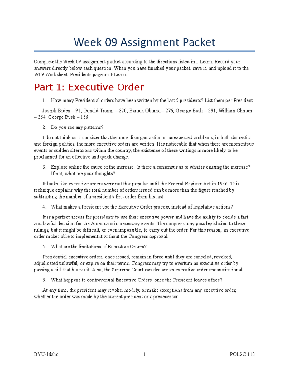 Week 09 Assignment Worksheet POLSC 110 Executive Orders Presidents Studocu