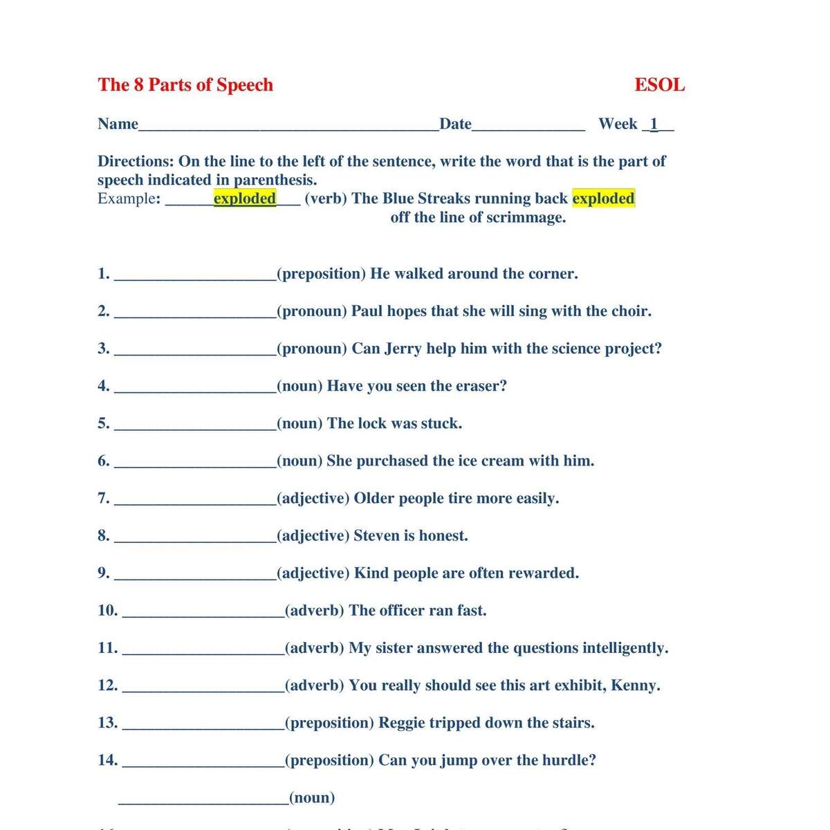 Week 1 The 8 Parts Of Speech Worksheet Docx DocDroid