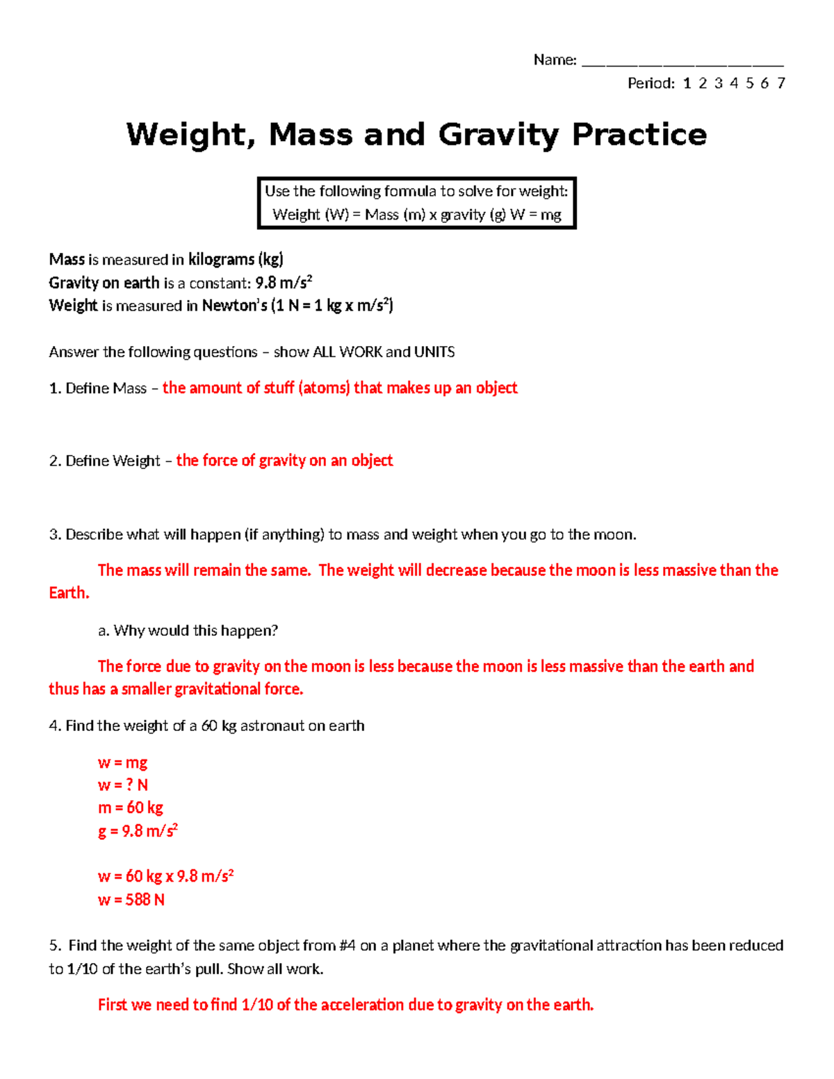 Weight Mass And Gravity Practice Answers Science 101 Studocu