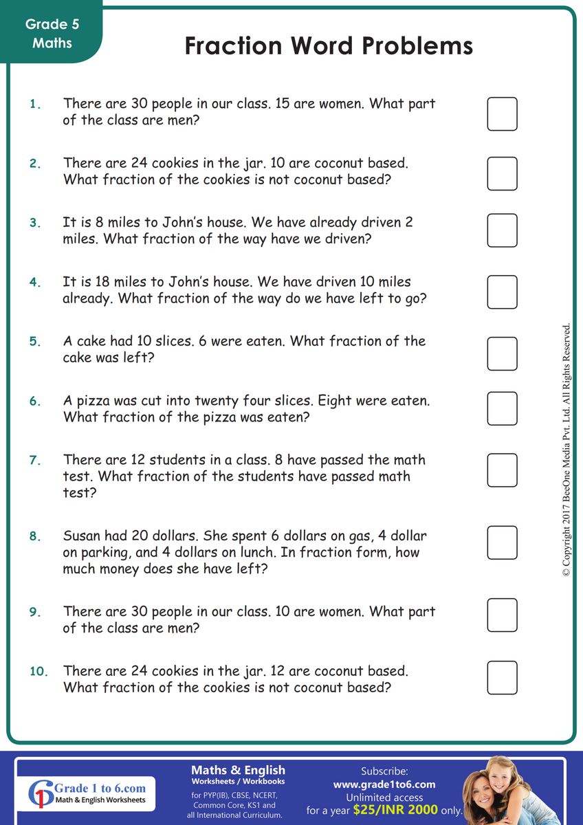 Word Problems In Fractions For Grade 5 Grade1to6