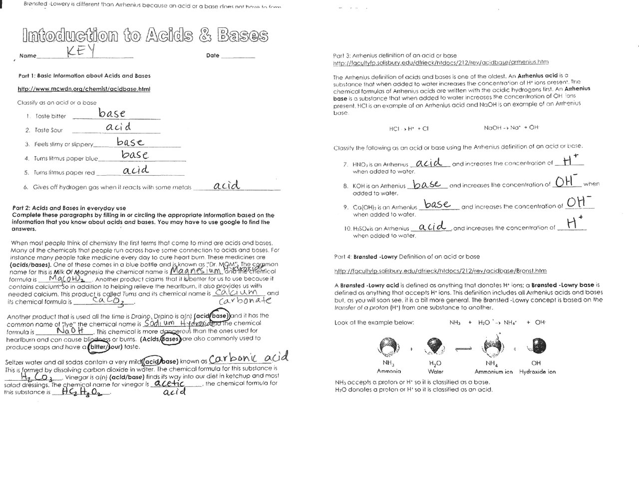 Worksheet Key For Introduction To Acids And Bases Exercises Chemistry Docsity