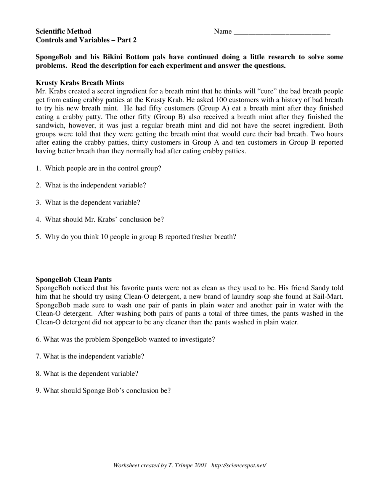 Worksheet Key Spongebob Scientific Method Controls And Variables Exercises Research Methodology Docsity Worksheet Key Spongebob Scientific Method Controls And Variables Exercises Research Methodology Docsity