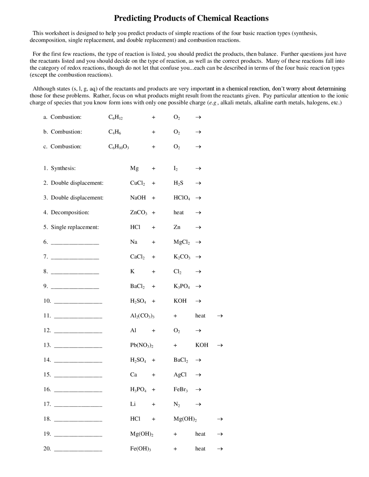 Worksheet Predicting Products Of Reactions Key Exercises Chimie Docsity