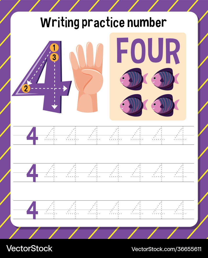 Writing Practice Number 4 Worksheet Royalty Free Vector VectorStock