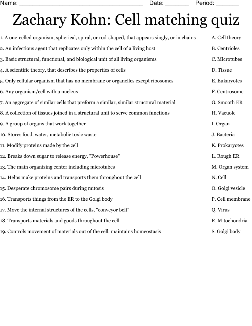 Zachary Kohn Cell Matching Quiz Worksheet WordMint